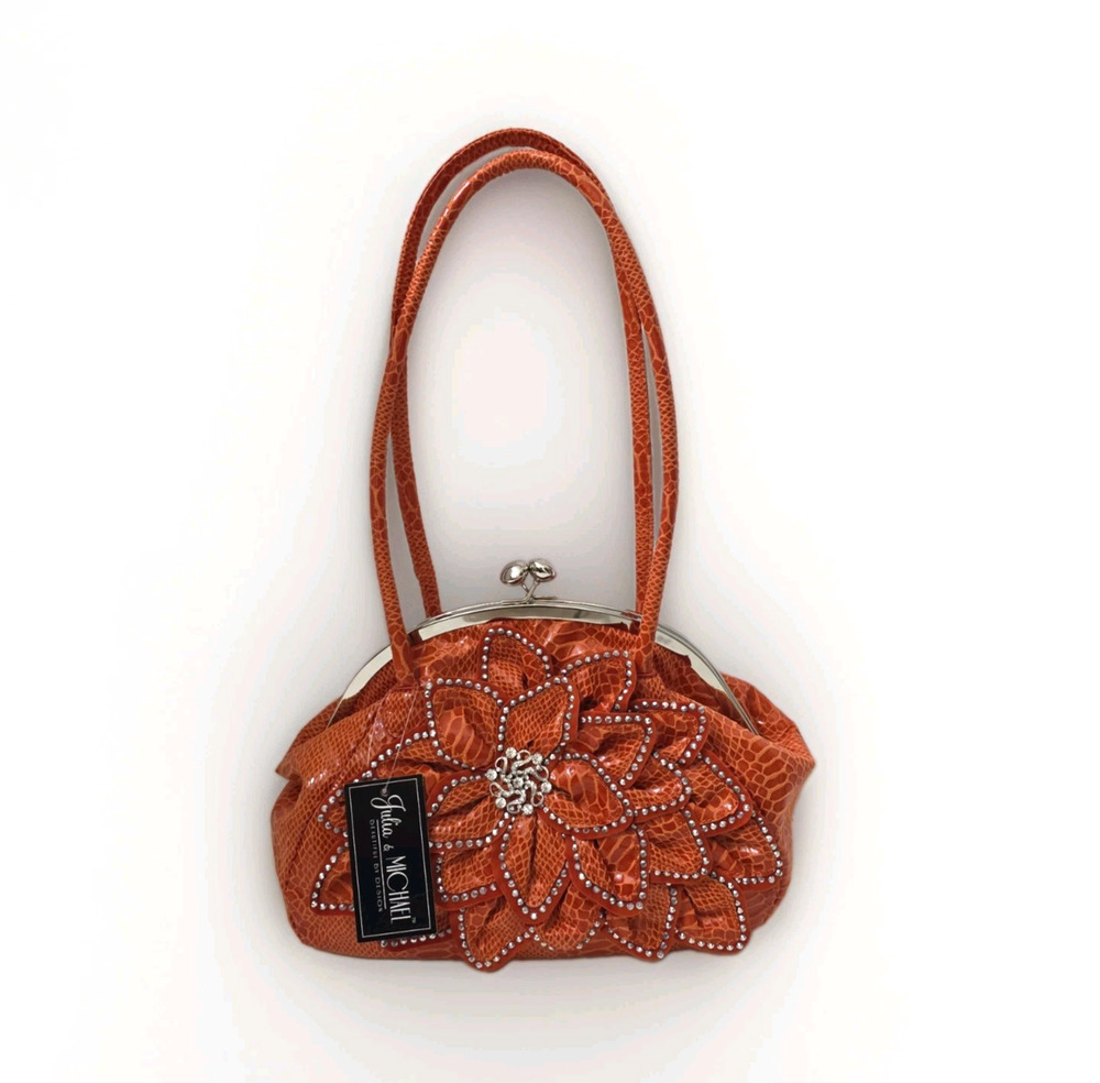 Julia & Michael Orange Rhinestone Floral Kiss Lock Evening Purse Handbag